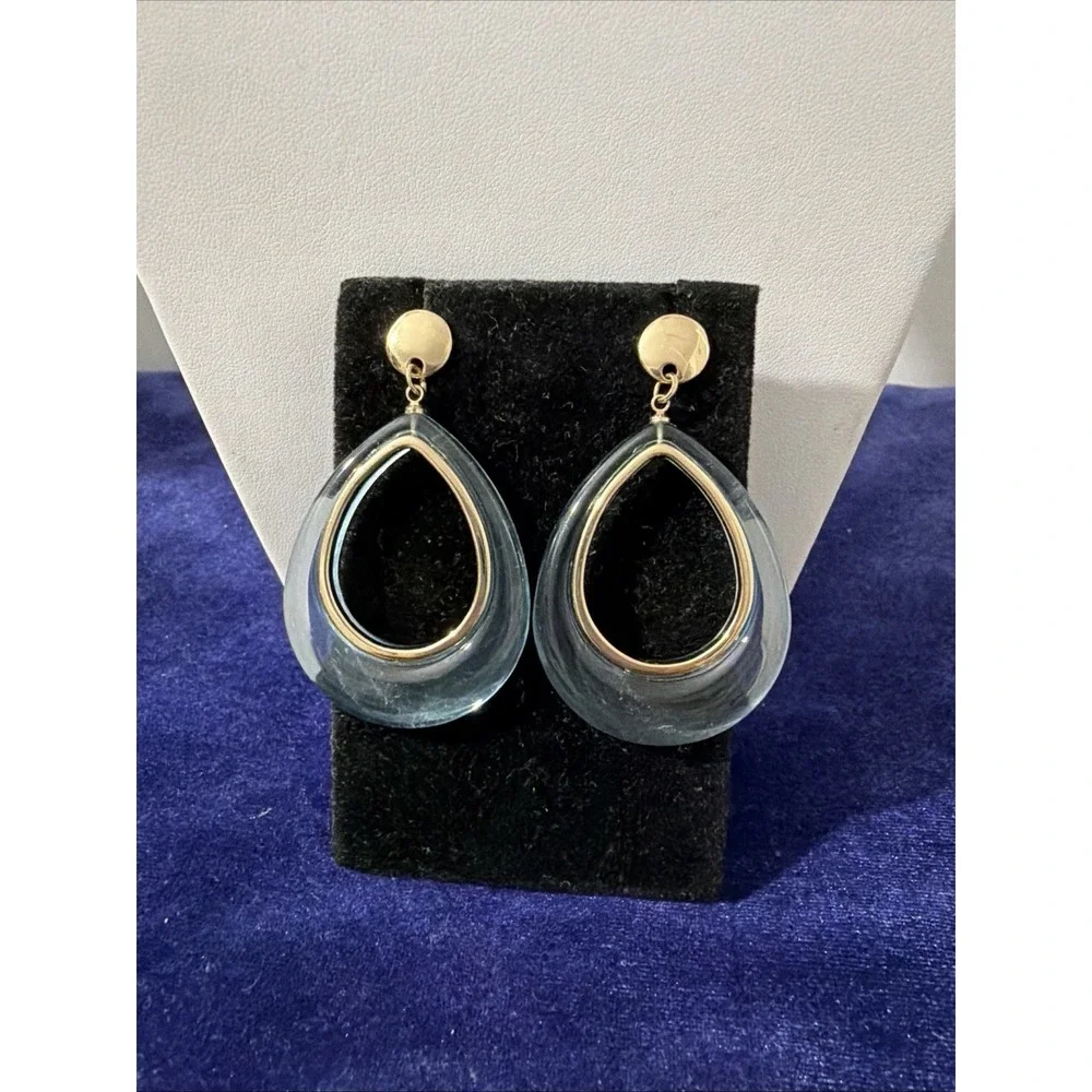 Teardrop acetate dangling Clear Blue Gold Tone Earrings
